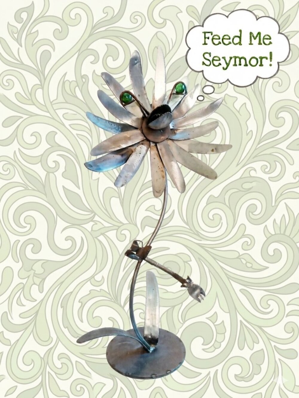 Handmade Metal Steel Flower Character Upcycled Sculpture Unique-Feed Me Seymour!